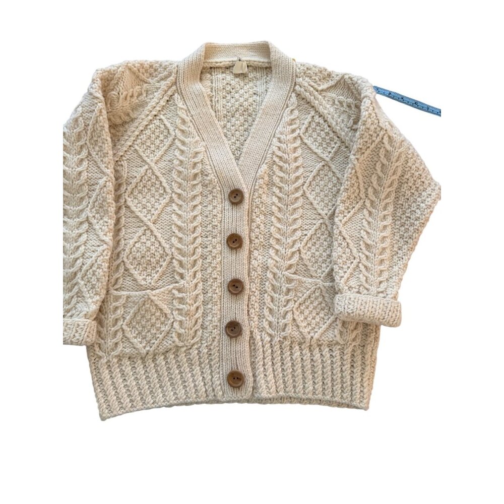 Bullocks Womens V-neck Cardigan Size Small Cream Irish Wool Hand-knit Vintage